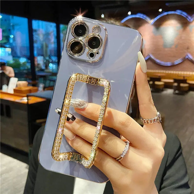 Square Crystal Ring Black Grey or White Phone Case - Luxury iPhone Case with Sparkling Crystal PopSocket Stand Gold Electroplated Phone Case for iPhone 11, 12, 13, 14, Pro, Pro Max Wicked Tender