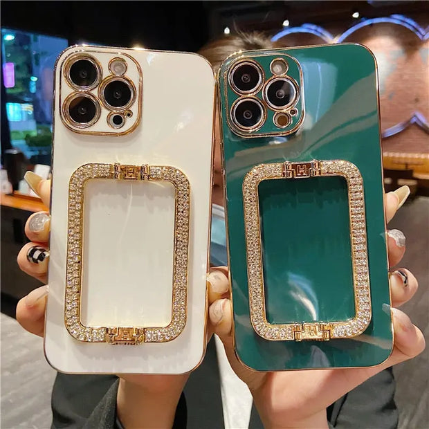 Square Crystal Ring Solid Color Phone Case - Luxury iPhone Case with Sparkling Crystal PopSocket Stand Gold Electroplated Phone Case Green Red Coffee Orange Phone Case for iPhone 11, 12, 13, 14, Pro, Pro Max Wicked Tender