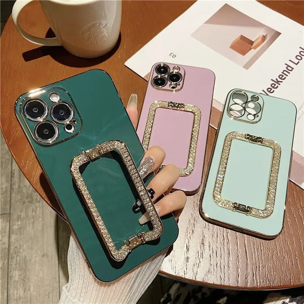 Square Crystal Ring Solid Color Phone Case - Luxury iPhone Case with Sparkling Crystal PopSocket Stand Gold Electroplated Phone Case Green Red Coffee Orange Phone Case for iPhone 11, 12, 13, 14, Pro, Pro Max Wicked Tender