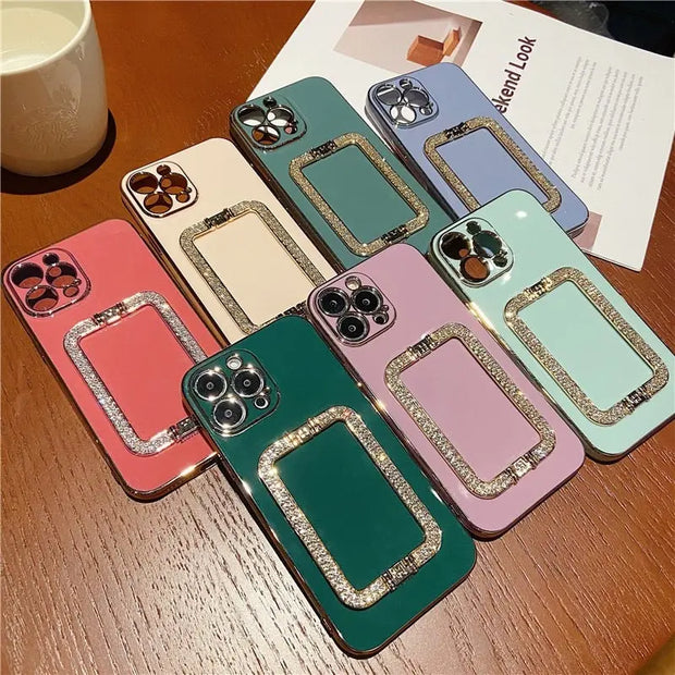 Square Crystal Ring Solid Color Phone Case - Luxury iPhone Case with Sparkling Crystal PopSocket Stand Gold Electroplated Phone Case Green Red Coffee Orange Phone Case for iPhone 11, 12, 13, 14, Pro, Pro Max Wicked Tender