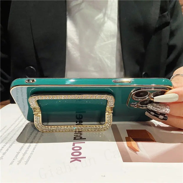 Square Crystal Ring Solid Color Phone Case - Luxury iPhone Case with Sparkling Crystal PopSocket Stand Gold Electroplated Phone Case Green Red Coffee Orange Phone Case for iPhone 11, 12, 13, 14, Pro, Pro Max Wicked Tender