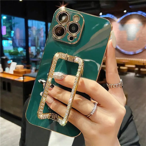 Square Crystal Ring Solid Color Phone Case - Luxury iPhone Case with Sparkling Crystal PopSocket Stand Gold Electroplated Phone Case Green Red Coffee Orange Phone Case for iPhone 11, 12, 13, 14, Pro, Pro Max Wicked Tender