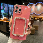 Square Crystal Ring Solid Color Phone Case - Luxury iPhone Case with Sparkling Crystal PopSocket Stand Gold Electroplated Phone Case Green Red Coffee Orange Phone Case for iPhone 11, 12, 13, 14, Pro, Pro Max Wicked Tender