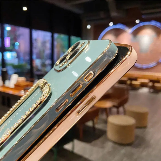 Square Crystal Ring Solid Color Phone Case - Luxury iPhone Case with Sparkling Crystal PopSocket Stand Gold Electroplated Phone Case Green Red Coffee Orange Phone Case for iPhone 11, 12, 13, 14, Pro, Pro Max Wicked Tender