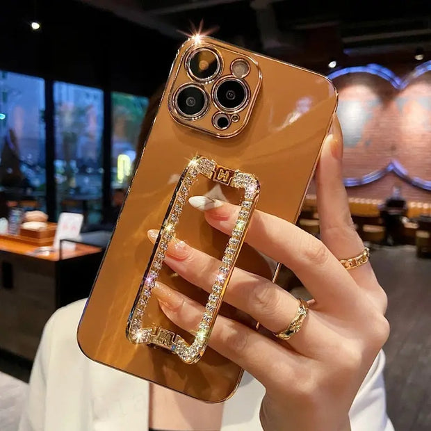 Square Crystal Ring Solid Color Phone Case - Luxury iPhone Case with Sparkling Crystal PopSocket Stand Gold Electroplated Phone Case Green Red Coffee Orange Phone Case for iPhone 11, 12, 13, 14, Pro, Pro Max Wicked Tender
