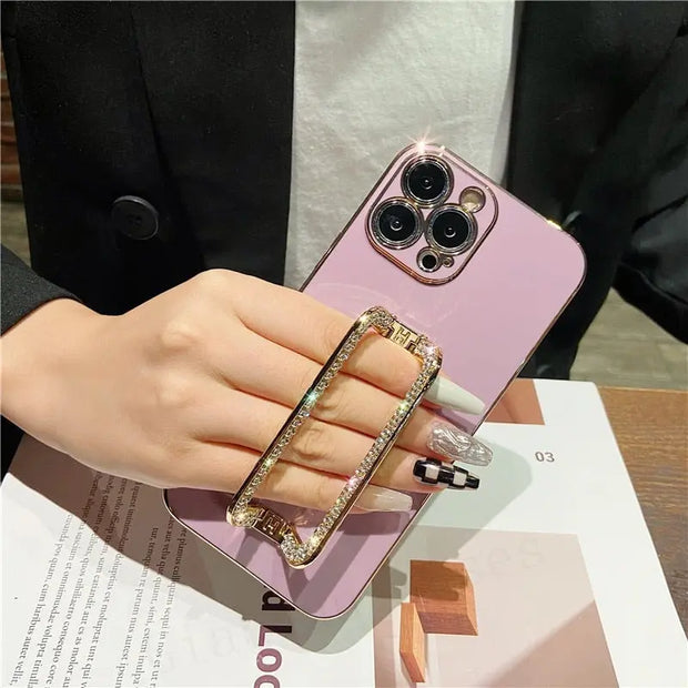 Square Crystal Ring Solid Color Phone Case - Luxury iPhone Case with Sparkling Crystal PopSocket Stand Gold Electroplated Phone Case Green Red Coffee Orange Phone Case for iPhone 11, 12, 13, 14, Pro, Pro Max Wicked Tender