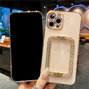 Square Crystal Ring Solid Color Phone Case - Luxury iPhone Case with Sparkling Crystal PopSocket Stand Gold Electroplated Phone Case Green Red Coffee Orange Phone Case for iPhone 11, 12, 13, 14, Pro, Pro Max Wicked Tender