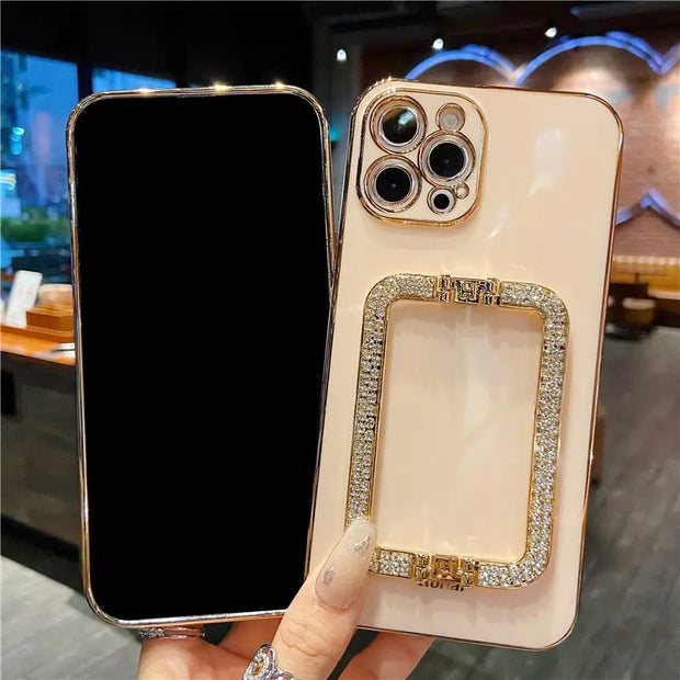 Square Crystal Ring Solid Color Phone Case - Luxury iPhone Case with Sparkling Crystal PopSocket Stand Gold Electroplated Phone Case Green Red Coffee Orange Phone Case for iPhone 11, 12, 13, 14, Pro, Pro Max Wicked Tender