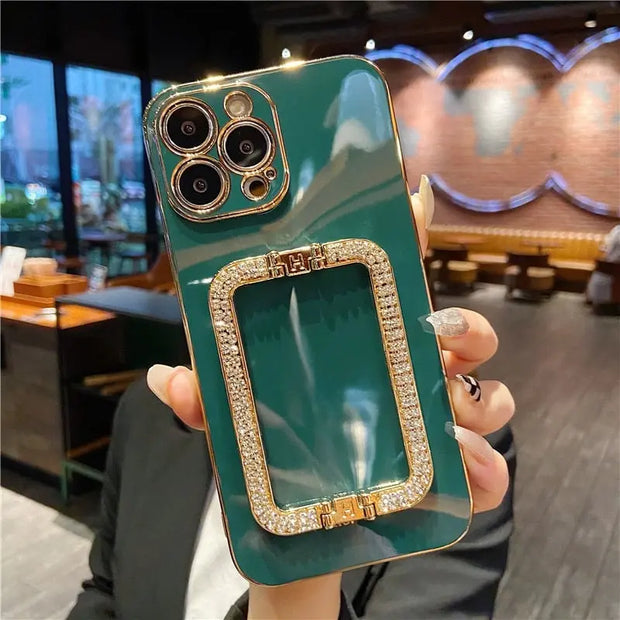 Square Crystal Ring Solid Color Phone Case - Luxury iPhone Case with Sparkling Crystal PopSocket Stand Gold Electroplated Phone Case Green Red Coffee Orange Phone Case for iPhone 11, 12, 13, 14, Pro, Pro Max Wicked Tender