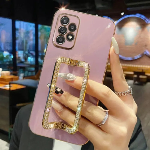 Square Crystal Ring Solid Color Phone Case for Samsung - Luxury Samsung Phone Case with Sparkling Crystal PopSocket Stand Chic Samsung Phone Case for Women for Samsung Galaxy A Series S Series Wicked Tender