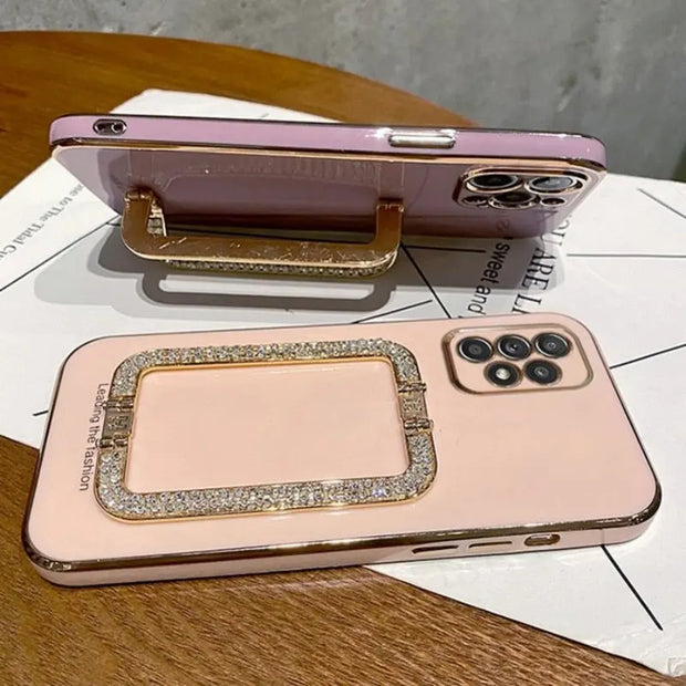 Square Crystal Ring Solid Color Phone Case for Samsung - Luxury Samsung Phone Case with Sparkling Crystal PopSocket Stand Chic Samsung Phone Case for Women for Samsung Galaxy A Series S Series Wicked Tender