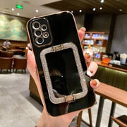 Square Crystal Ring Solid Color Phone Case for Samsung - Luxury Samsung Phone Case with Sparkling Crystal PopSocket Stand Chic Samsung Phone Case for Women for Samsung Galaxy A Series S Series Wicked Tender
