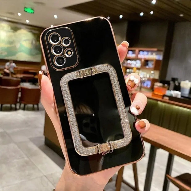 Square Crystal Ring Solid Color Phone Case for Samsung - Luxury Samsung Phone Case with Sparkling Crystal PopSocket Stand Chic Samsung Phone Case for Women for Samsung Galaxy A Series S Series Wicked Tender