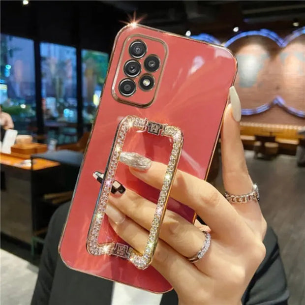Square Crystal Ring Solid Color Phone Case for Samsung - Luxury Samsung Phone Case with Sparkling Crystal PopSocket Stand Chic Samsung Phone Case for Women for Samsung Galaxy A Series S Series Wicked Tender