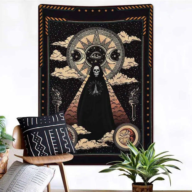 Sun Moon Wall Art Tapestry for Bedroom - Hanging Witchcraft Decor with Black Cats, Skulls, Night Sky, Sun Moon Face Wicked Tender