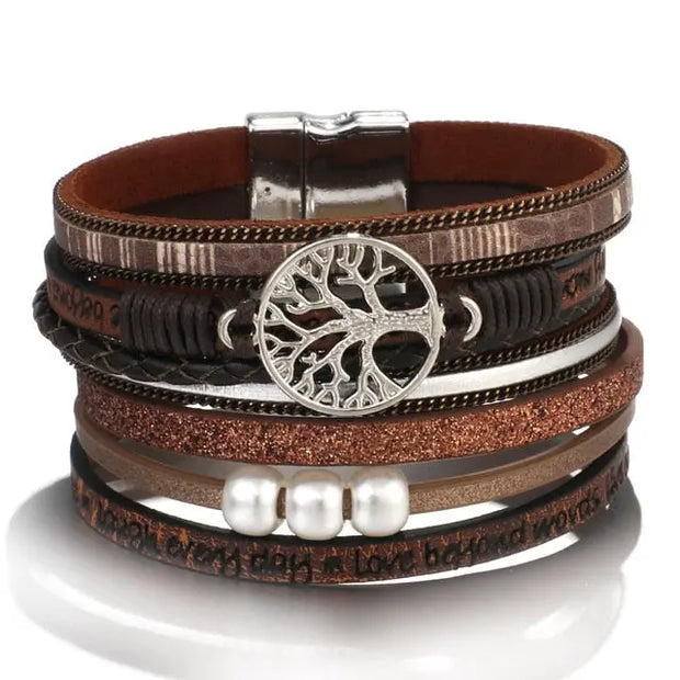 Tree of Life Bohemian Bracelet Set - Wide Wrap PU Leather Stackable Charm Bracelet Multi-Layer Set for Women and Men Wicked Tender