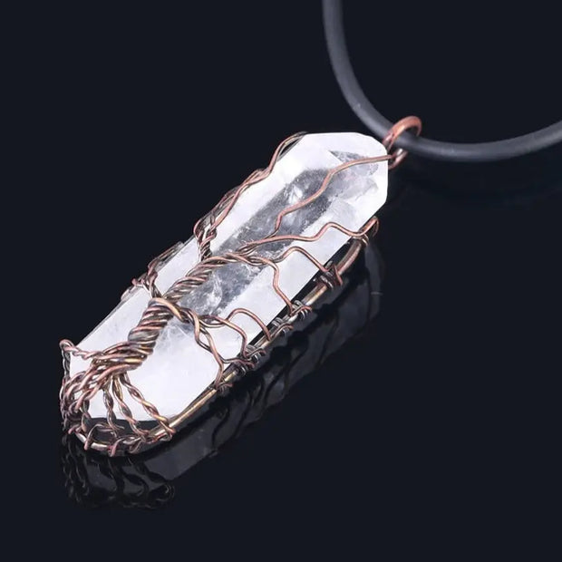 Tree of Life Clear Quartz Crystal Pillar Pendant Necklace - Handmade Necklace Antique Copper Or Silver Wire Wrap Wicked Tender