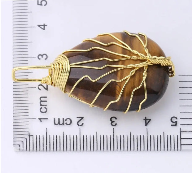 Tree of Life Polished Gemstone Pendant Necklace - Handmade Necklace Gold Or Platinum Plated Wire Wrap Wicked Tender