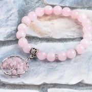 Tree of Life Rose Quartz 7 Chakra Gemstone Pendant Bracelet - Handmade Polished Stone Bead Bracelet Wicked Tender