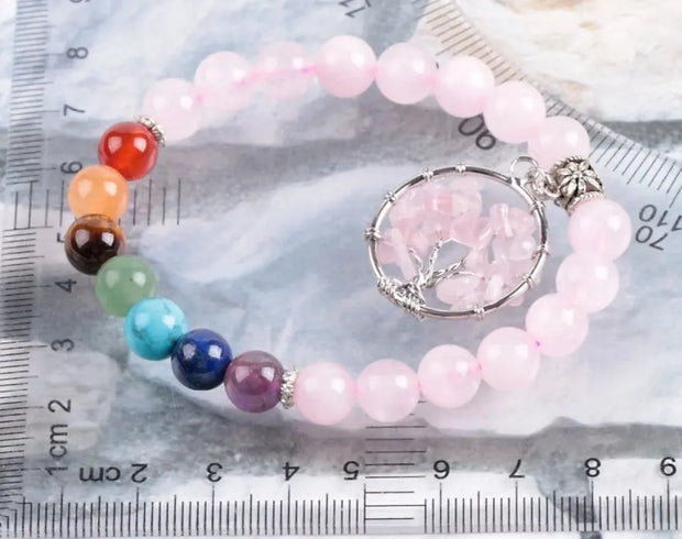 Tree of Life Rose Quartz 7 Chakra Gemstone Pendant Bracelet - Handmade Polished Stone Bead Bracelet Wicked Tender