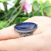 Vintage Eye Shaped Lapis Lazuli Crystal Gemstone Ring - Antique Flower Design with Thin Bezel Wicked Tender