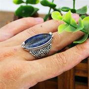 Vintage Eye Shaped Lapis Lazuli Crystal Gemstone Ring - Antique Flower Design with Thin Bezel Wicked Tender