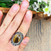 Vintage Oval Tigers Eye Crystal Gemstone Ring - Antique Flower Pattern Bezel Ring Wicked Tender