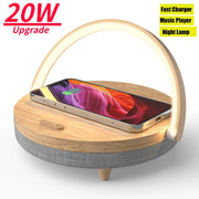 Wood Phone Charging Stand - Small Wood Table Lamp with Wireless Bluetooth Speaker, Phone Charger for iPhone 11, 12, 13, 14, Pro, Pro Max, Plus, SE Samsung Galaxy Xiaomi Google Pixel Wicked Tender
