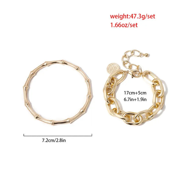 2-Piece Stackable, Bold Boho Fashion Bracelet, Bamboo Shaped Bangle and Coin Pendant Chain Set Wicked Tender