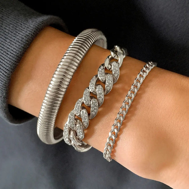 3-Piece Stackable Luxurious, Thick Multi-Layer Boho Fashion Bracelet Set - Vintage Punk Chains with Serpent Bangle Wicked Tender