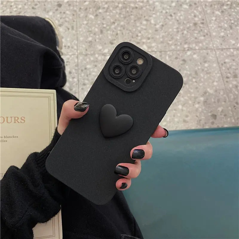 3D Heart Black Aesthetic Phone Case Cute Protective iPhone