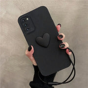 3D Heart Phone Case with Strap for Samsung - Cute Samsung Case, Black Phone Case with White Heart, Galaxy S10, S20, S21, S22, S23, Plus, Ultra, FE Wicked Tender