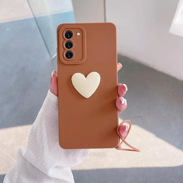 3D Heart Phone Case with Strap for Samsung - Cute Samsung Case, Black Phone Case with White Heart, Galaxy S10, S20, S21, S22, S23, Plus, Ultra, FE Wicked Tender