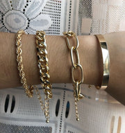 4-Piece Stackable, Thick Multi-Layer Boho Fashion Bracelet Set with Punk Chains, Cuban Links, and Bangle Wicked Tender