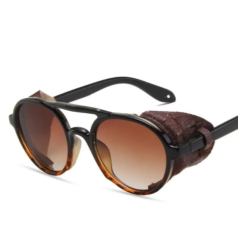 Aviator Sunglasses with Leather Side Shields Oversized Black Vintage Black Leopard Tea
