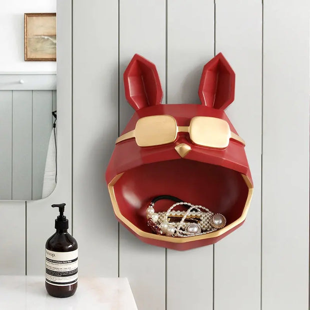 Big Mouth French Bulldog with Gold Sunglasses Resin Statue Wall Mounted Storage Container - Indoor Home Decoration Cartoon Frenchie Head Sculpture Wicked Tender