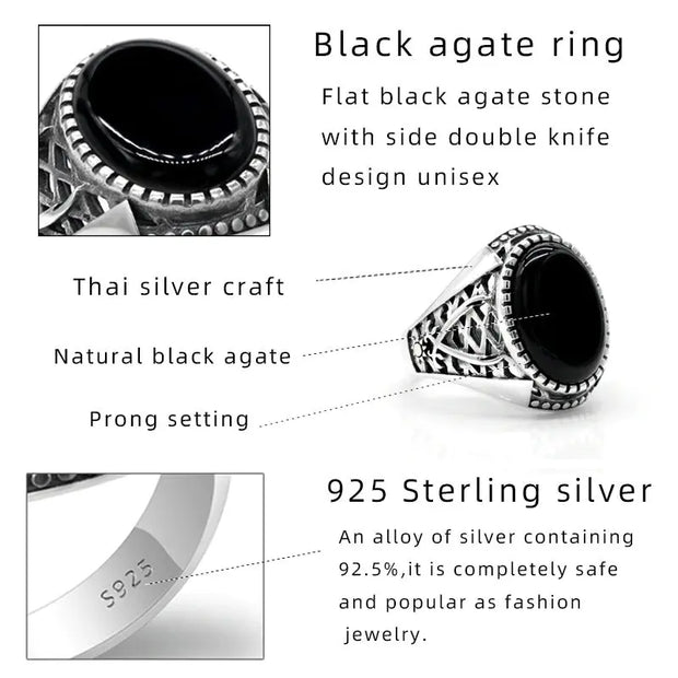 Black Agate Sterling Silver Ring with Bezel Setting - Flat Polished Gemstone Ring with Sun Mesh Design Wicked Tender