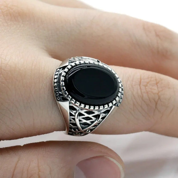 Black Agate Sterling Silver Ring with Bezel Setting - Flat Polished Gemstone Ring with Sun Mesh Design Wicked Tender