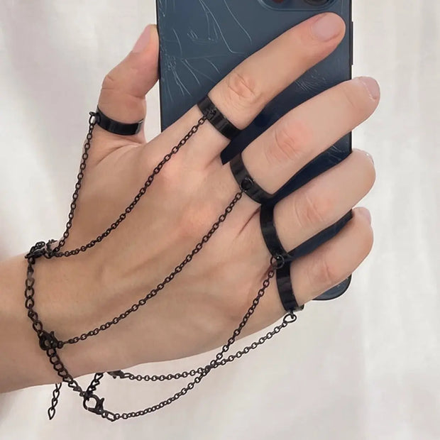 Black Chain Ring Bracelet Set - Adjustable Ring Chain Hand Accessories Wicked Tender