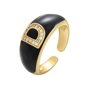 Black Initial Letter Ring - Personalized Open Gothic Punk Ring with Inlaid Zircon Crystal Wicked Tender
