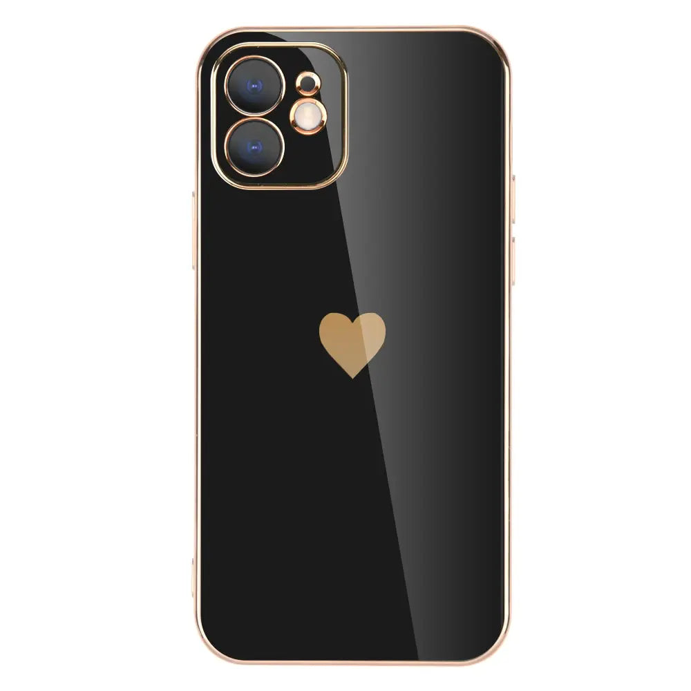 Black Phone Case with Gold Heart - Elegant & Protective