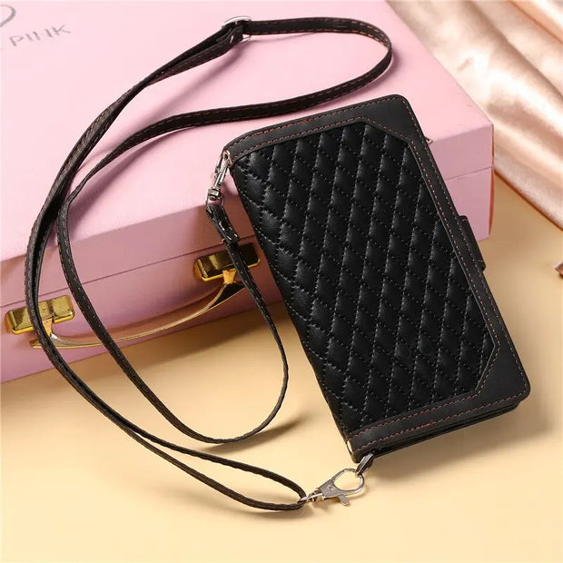 Black, White, Pink, Soft Leather Phone Case Samsung, Chic Diamond Lattice, Cute Phone Case With Zipper Wallet Cardholder, Strap, A Series, S Series, Plus, FE, Ultra Wicked Tender