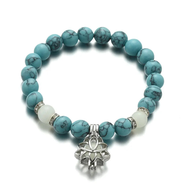 Turquoise Bead Bracelet Caged Lotus Charm Glow In The Dark Bead Bracelet - Turquoise Bead Bracelet Wicked Tender