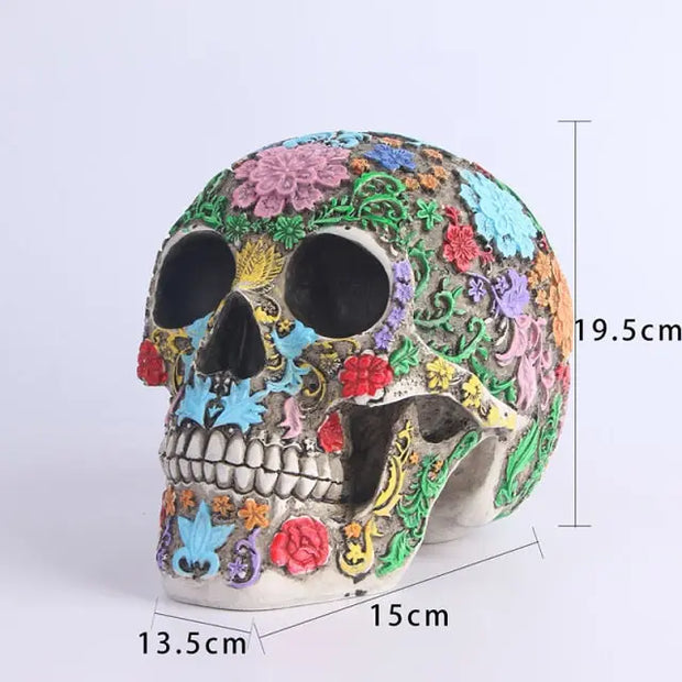 Calaveras Skull Flower Art Carving Sculpture - Colourful Pattern Human Sugar Skull Decoration Statue for Parties, Events, Halloween Wicked Tender