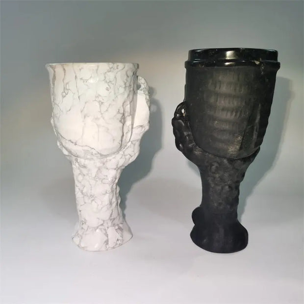 Carved Obsidian Medieval Skull Goblet Cup Chalice  - Large Natural Obsidian/Howlite Crystal Decorative Skull Cup Held By Eagle Claw Base Wicked Tender