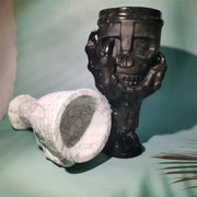 Carved Obsidian Medieval Skull Goblet Cup Chalice  - Large Natural Obsidian/Howlite Crystal Decorative Skull Cup Held By Eagle Claw Base Wicked Tender