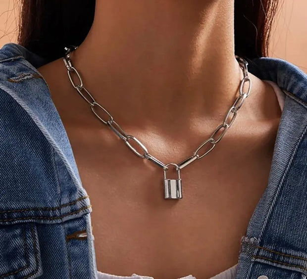 Classic Punk Chain Necklace with Padlock Pendant - Long Adjustable Chain Statement Necklace Wicked Tender