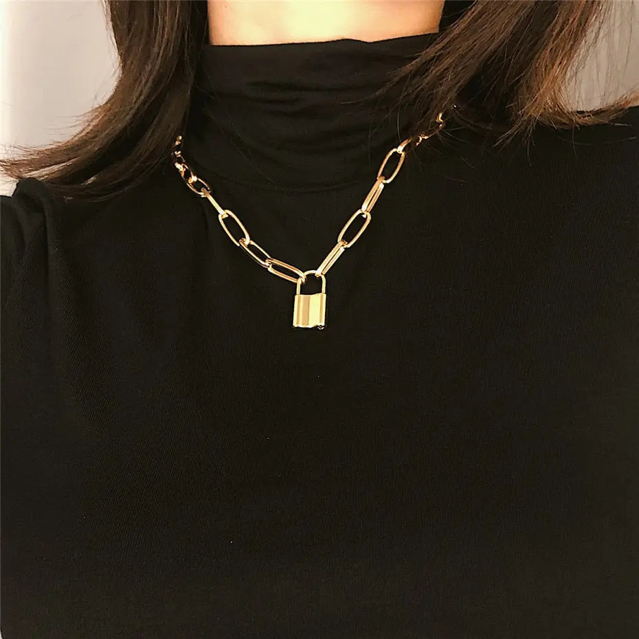 Classic Punk Chain Necklace with Padlock Pendant Long Adjustable