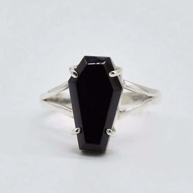Coffin Shaped Black Zirconium Gothic Ring - Halloween Punk Vampire Ring Wicked Tender