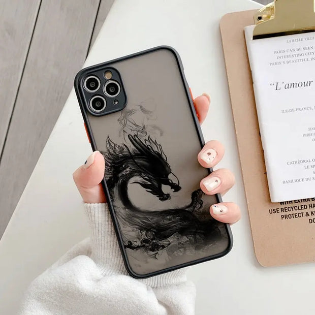 Dark Mist Black Dragon Phone Case - Black Aesthetic Phone Case, Chinese Dragon Ink Art Phone Case for iPhone 11, 12, 13, 14, Pro, Max, Pro Max, Plus, Mini, XR Wicked Tender